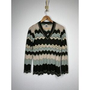 M Missoni Chevron Knit Sweater Size 2 Wool Viscose Brown Blue Cream Italy